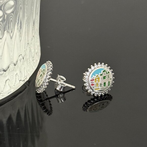 Rainbow Row Charleston Bling Earrings S925 Sterling Silver Handmade Ear Stud - Picture 3 of 3